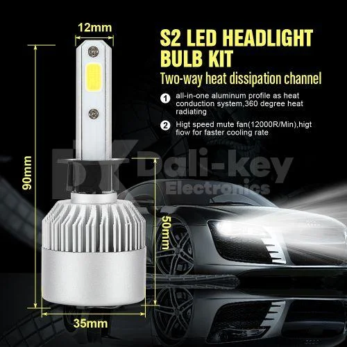 S2 H7 kit 2 lampes LED blanc pour voiture 12V-24V 72W étanche -  Dali-KeyElectronics