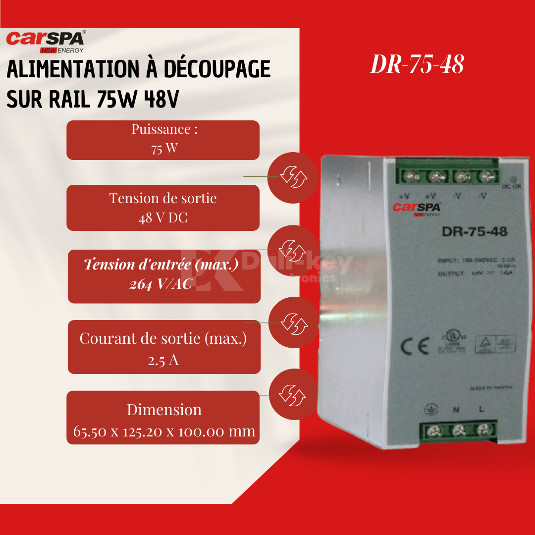 Alimentation DIN-Rail DR-75-24 - 75W, 24V DC, 3.2A - Entrée 100-240V AC - Pour éclairage LED, Contrôle Industriel